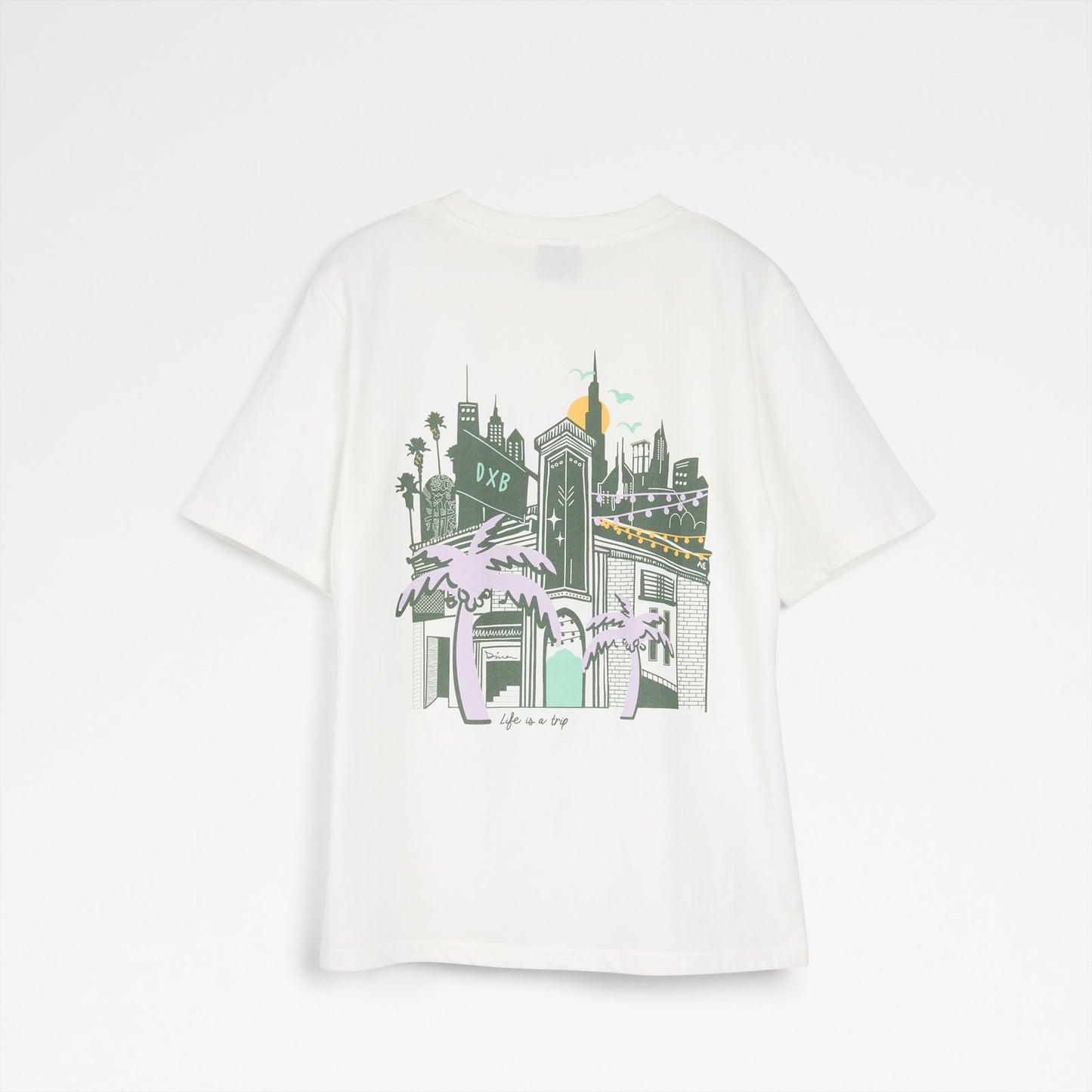 Unisex Beyaz Palmiye Desenli Tişört-2