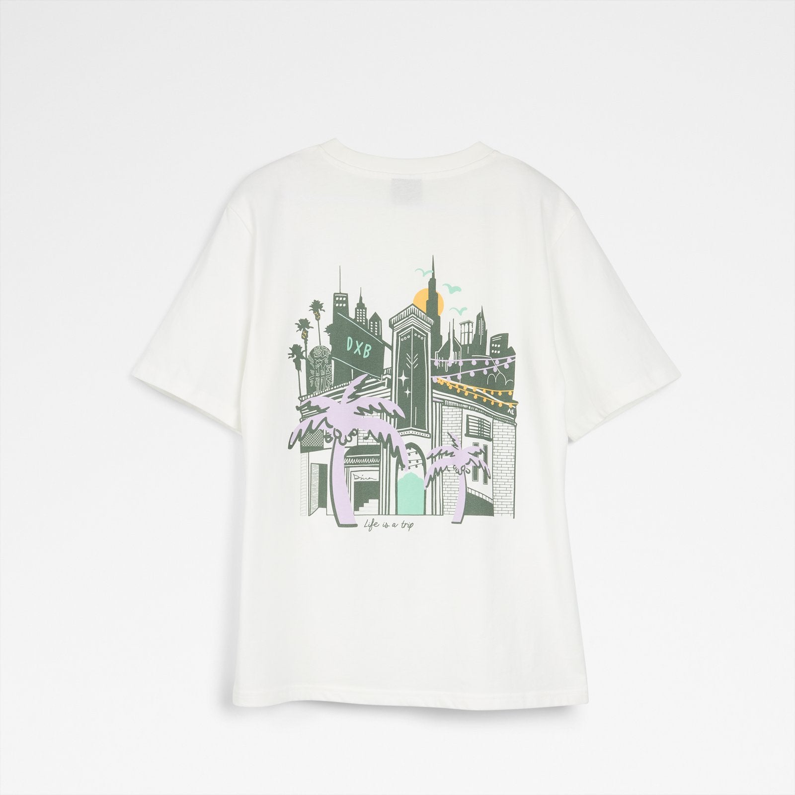 Unisex Beyaz Palmiye Desenli Tişört-2