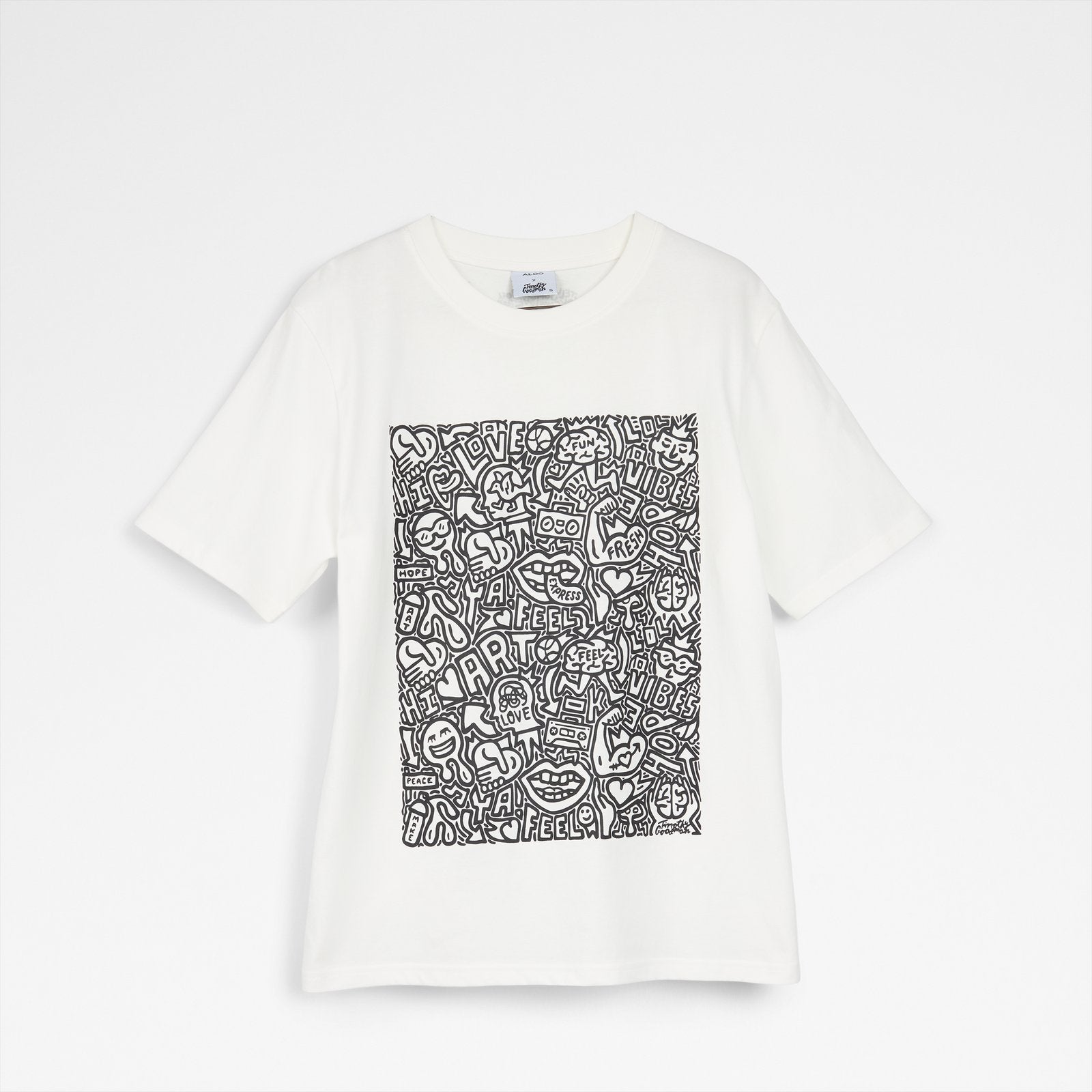 Unisex Beyaz Karalama Desenli Tişört-1